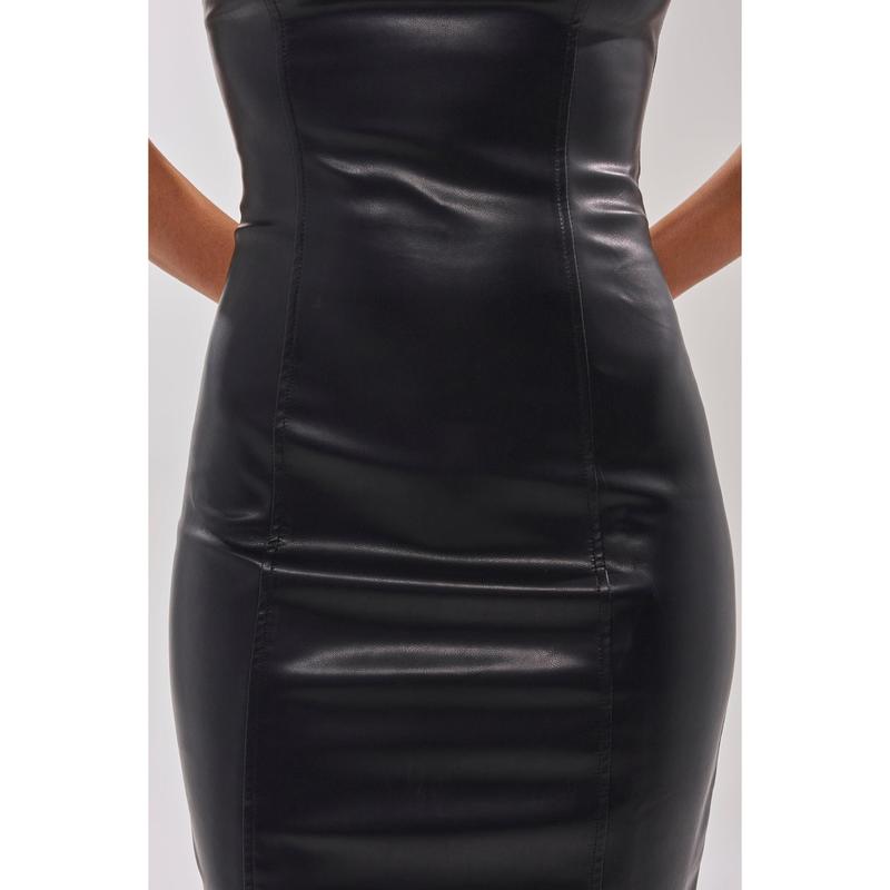 OH HOT DAMN FAUX LEATHER MIDI DRESS IN BLACK