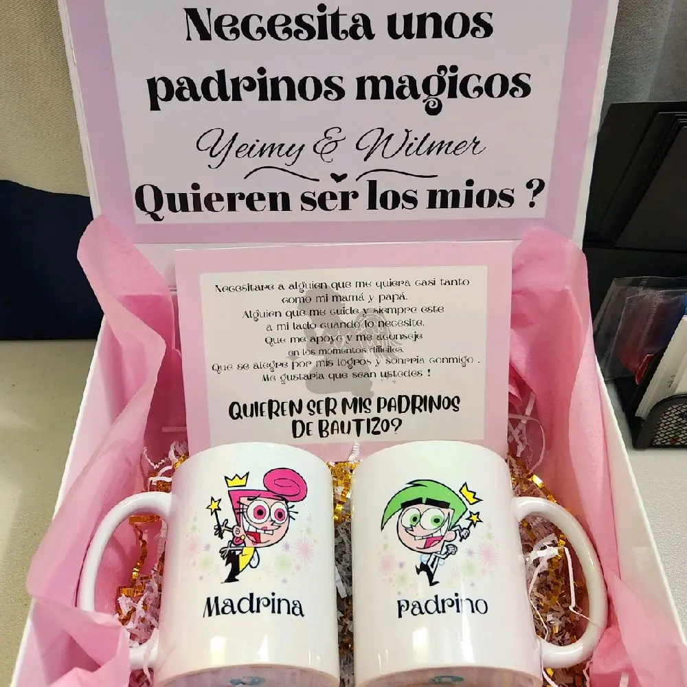 Girl Proposal Set - 2 Reusable 11oz Ceramic Mugs in Decorative Box with Customizable Names & Spanish Message for Godparents - Coffee, Reuse, Washable, Drinkware