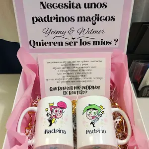 Girl Proposal Set - 2 Reusable 11oz Ceramic Mugs in Decorative Box with Customizable Names & Spanish Message for Godparents - Coffee, Reuse, Washable, Drinkware