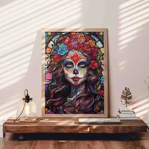 Day of the Dead Beauty 1000 Pieces Jigsaw Puzzle Vibrant Stained Glass Skull Art for Adults Colorful Mexican Culture Puzzle for Home Decor and Gift 27.5x20inch (70x50cm)