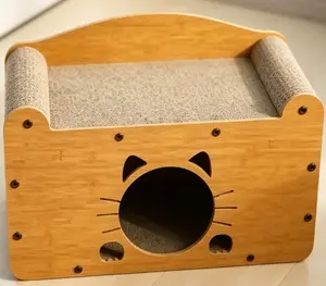 Private Safe Haven for Anxious Cats: Retro Sofa Walnut Scratcher House, Enclosed Design Reduces Pet Stress, High Density Scratching Pad Satisfies Natural Instincts, Jumbo 56cm Roomy Interior for Large Happy Cats