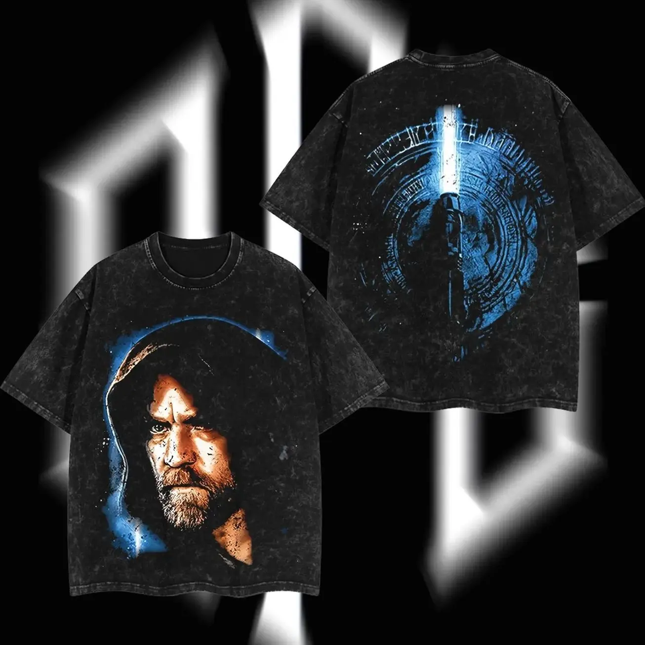 SuperStyle Obi-Wan Walker "Dark Side Warrior" Edition Oversize Lightweight Acid Washed Cotton T-Shirt, Double-Printed Vintage Graphic Tee, Classic Round Neck Soft Apparel for Men's Streetwear & Sci-Fi Fans UQ5
