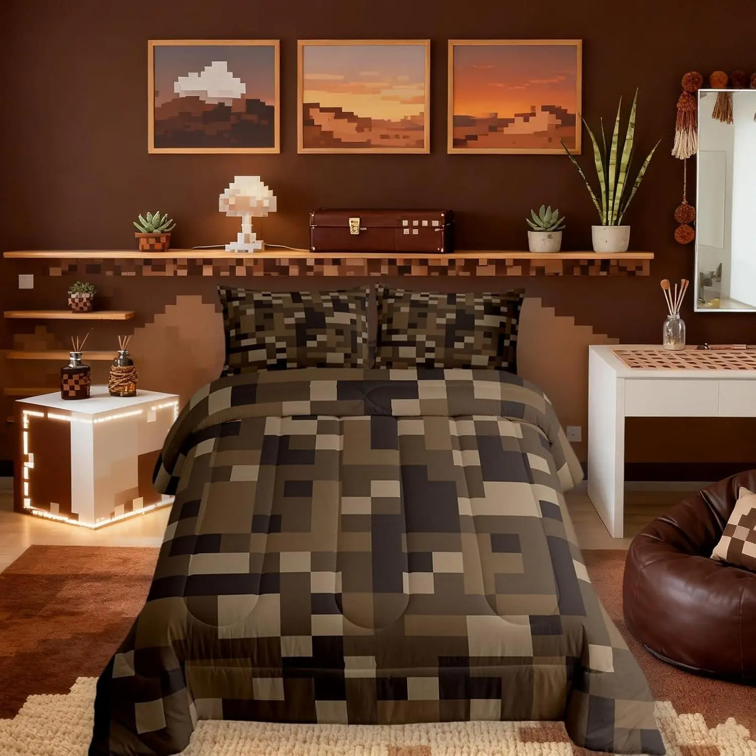 Pixelated Bedding Set,Grid Army Camo Pixel Games Comforter Set,Cartoon Gamepad Video Games Quilt Comforter Boys Teens,Brown Room Decor All Season