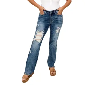 BlueMoment Women's Ripped Stretch Mid-High Waisted Straight Pants in Mid-Blue, Classic Design for Comfort and Versatility