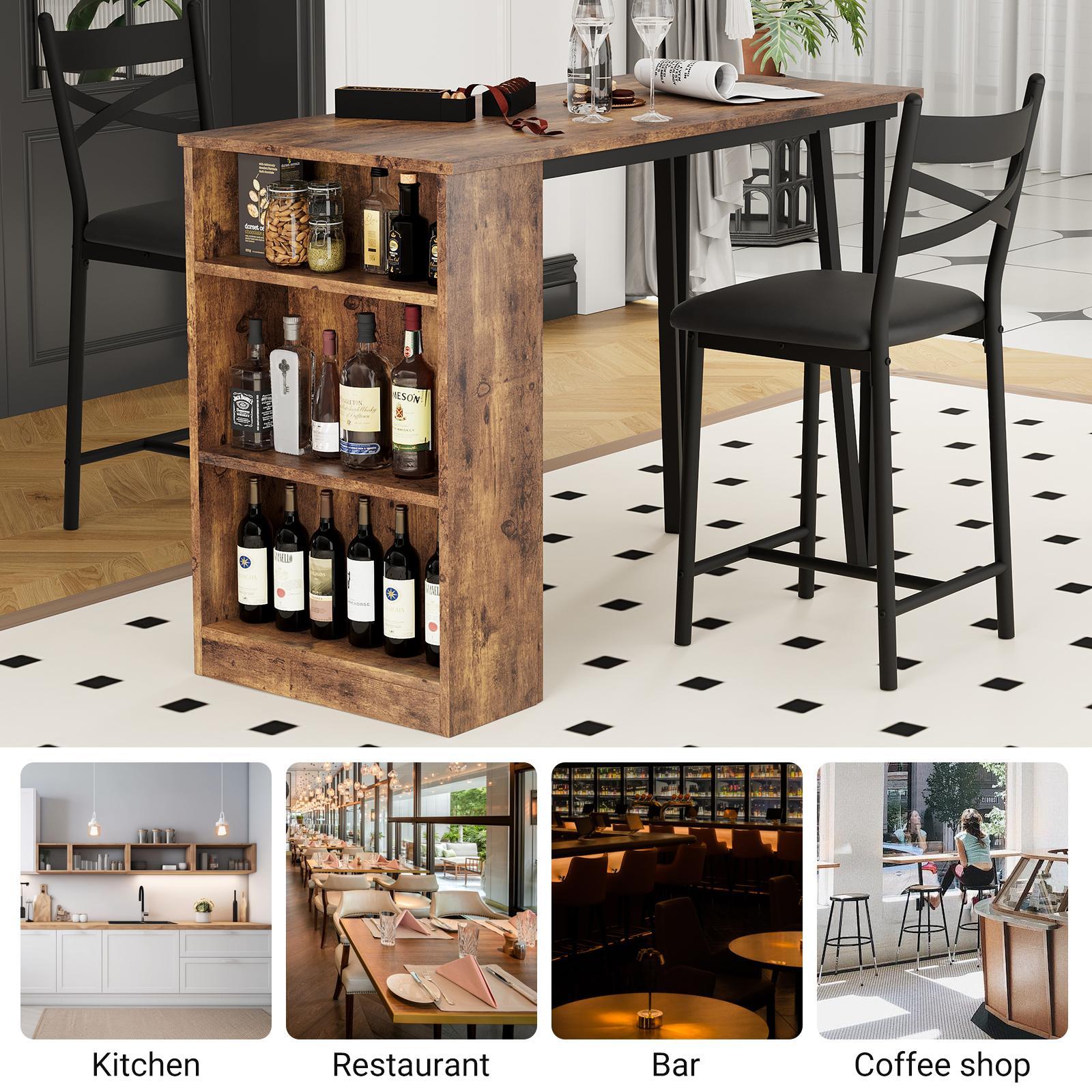 Space-Saving 3-Piece Extendable Bar Table Set, High Top Dining Table with 2 PU Cushion Stools & 3-Tier Storage Shelves, Compact Grey Breakfast Nook for Kitchen, Apartment & Dining Room