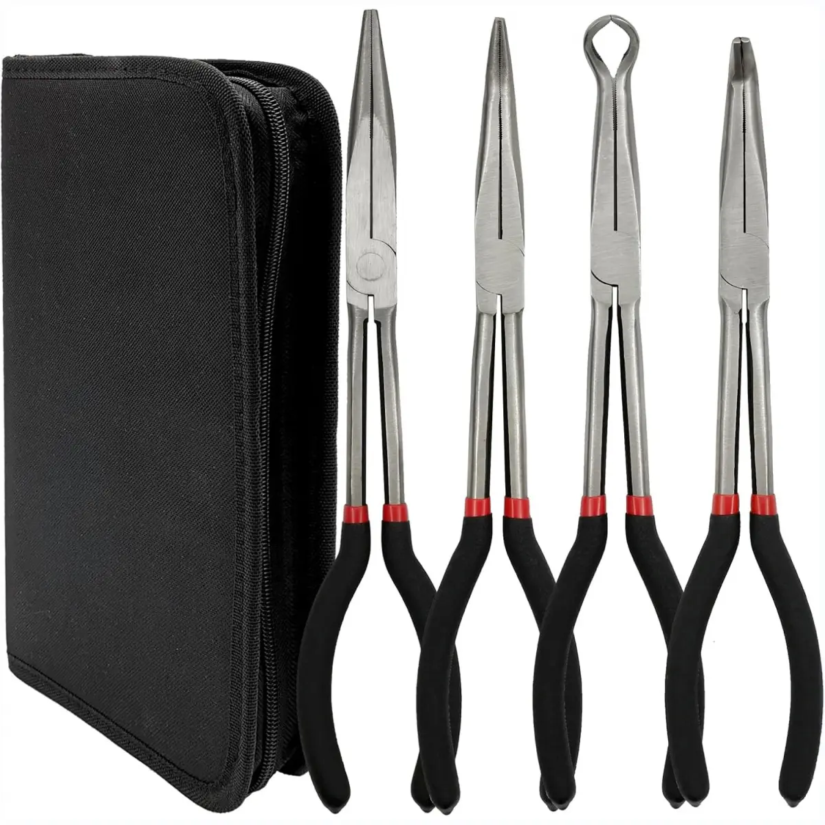 4 Pack 11" Long Nose Pliers Set with Portable Bag,Insulated Grip Handles-Straight Long Needle Nose Pliers,45/90 Degree Angle Curved Pliers,Circle Pliers for Wire Bending,Shaping,Trimming