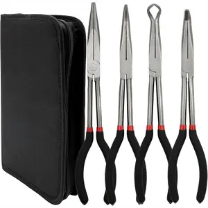 4 Pack 11" Long Nose Pliers Set with Portable Bag,Insulated Grip Handles-Straight Long Needle Nose Pliers,45/90 Degree Angle Curved Pliers,Circle Pliers for Wire Bending,Shaping,Trimming