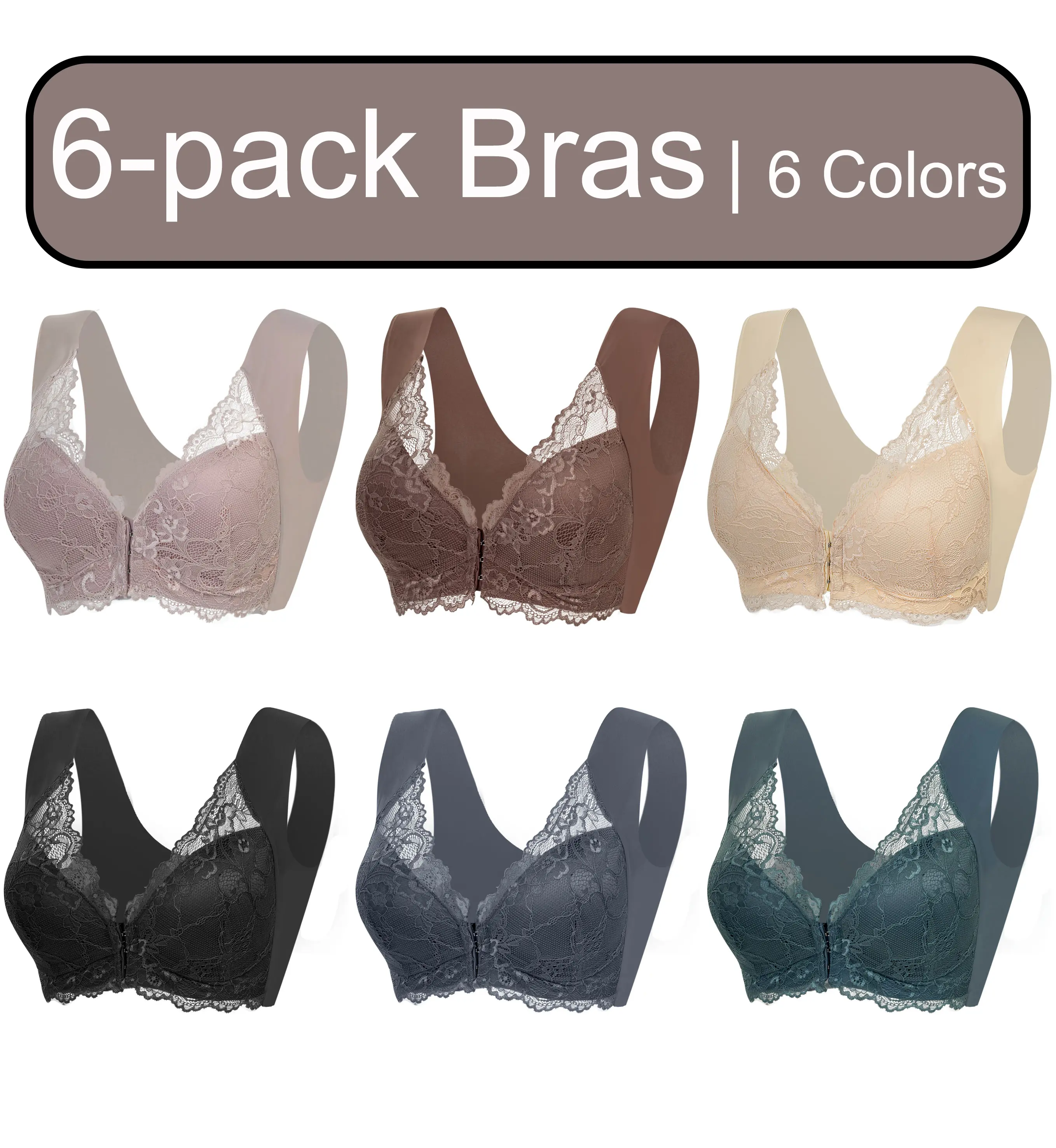 Front Closure Lace Beauty Back Bra Set of 6 Pieces Gathering Anti-Sagging Side Breast Reduction No Underwire Wide Straps Super Comfortable Basic Daily Comfort Bras All Seasons