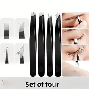 4pcs Stainless Steel Tweezers Set for Hair Removal, Eyelash Extension Tweezers, Precision Eyebrow Grooming & Facial Care Tools, Durable Beauty Accessories