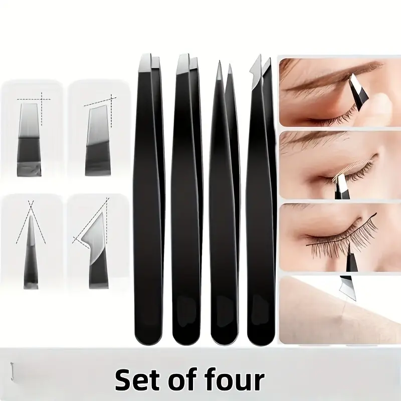 4pcs Stainless Steel Tweezers Set for Hair Removal, Eyelash Extension Tweezers, Precision Eyebrow Grooming & Facial Care Tools, Durable Beauty Accessories
