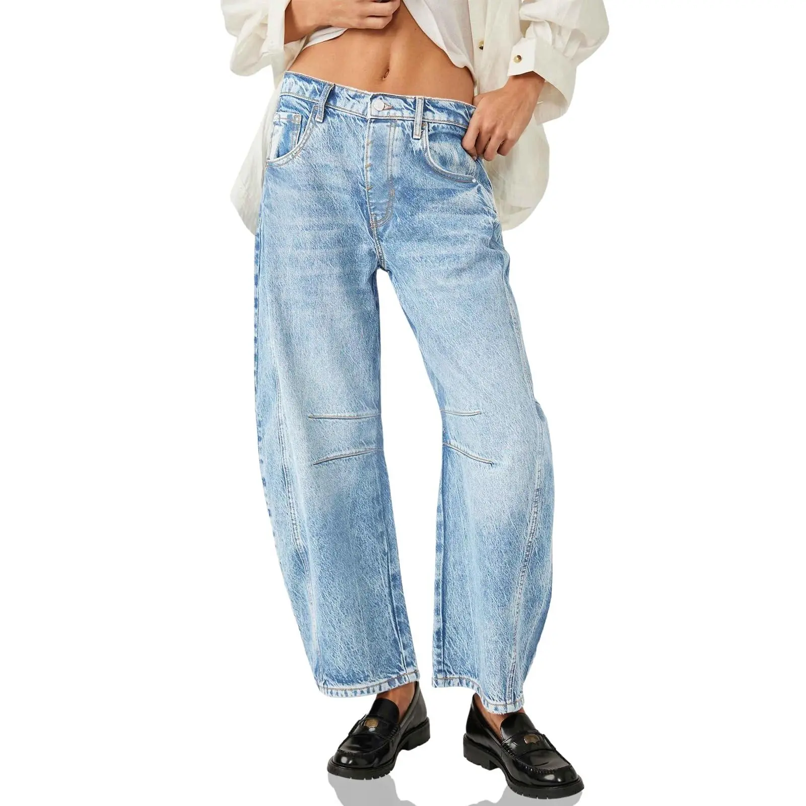 Women's Vintage Mid-Rise Leopard Ultra Baggy BF Barrel Pants - Polyester-Cotton Lady Bottoms, Wide-Leg Ankle Length, Zipper Closure, Pocket, Basic Streetwear Clothes, Fabric, Jeans, Plain, All Seasons, Boyfriend Look