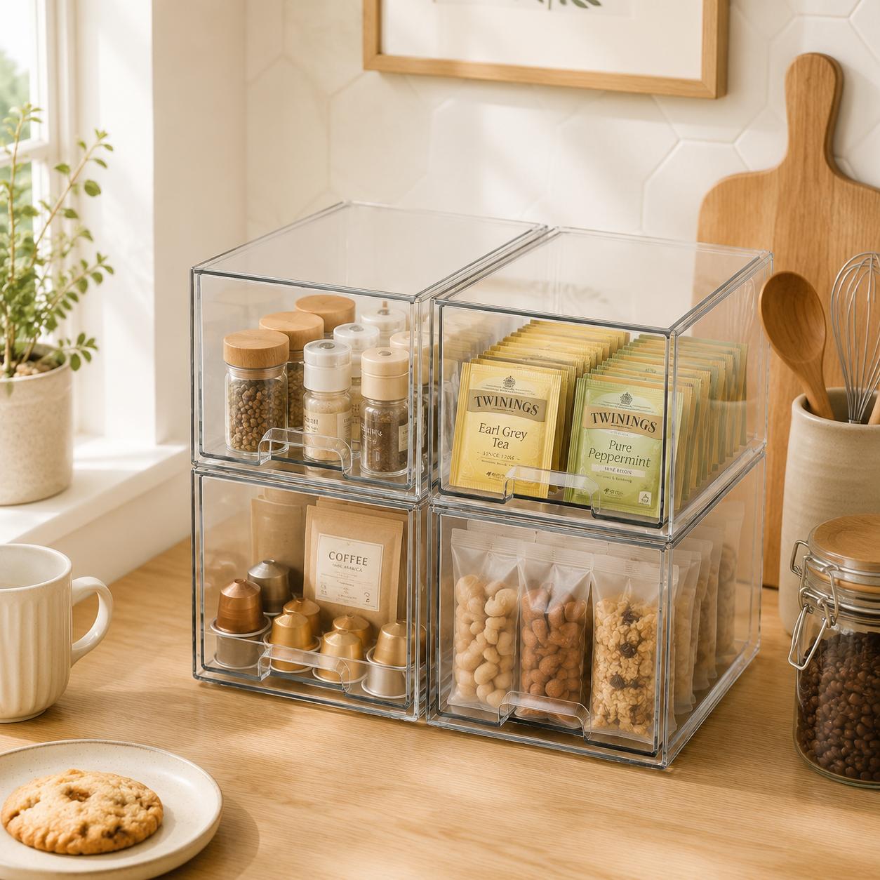 4 Pack Clear Stackable Acrylic Storage Boxes – Drawers for Bathroom Vanity, Office, Craft Room – Dustproof & Easy Clean