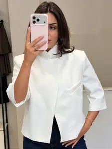 Crop White Jacket Women's Jacket Spring Summer 2026 Office Wear Women Blazer Elegant Chic Asymmetric Button Short-Sleeved Outerwears Ladies Fashion High Street Jacket
