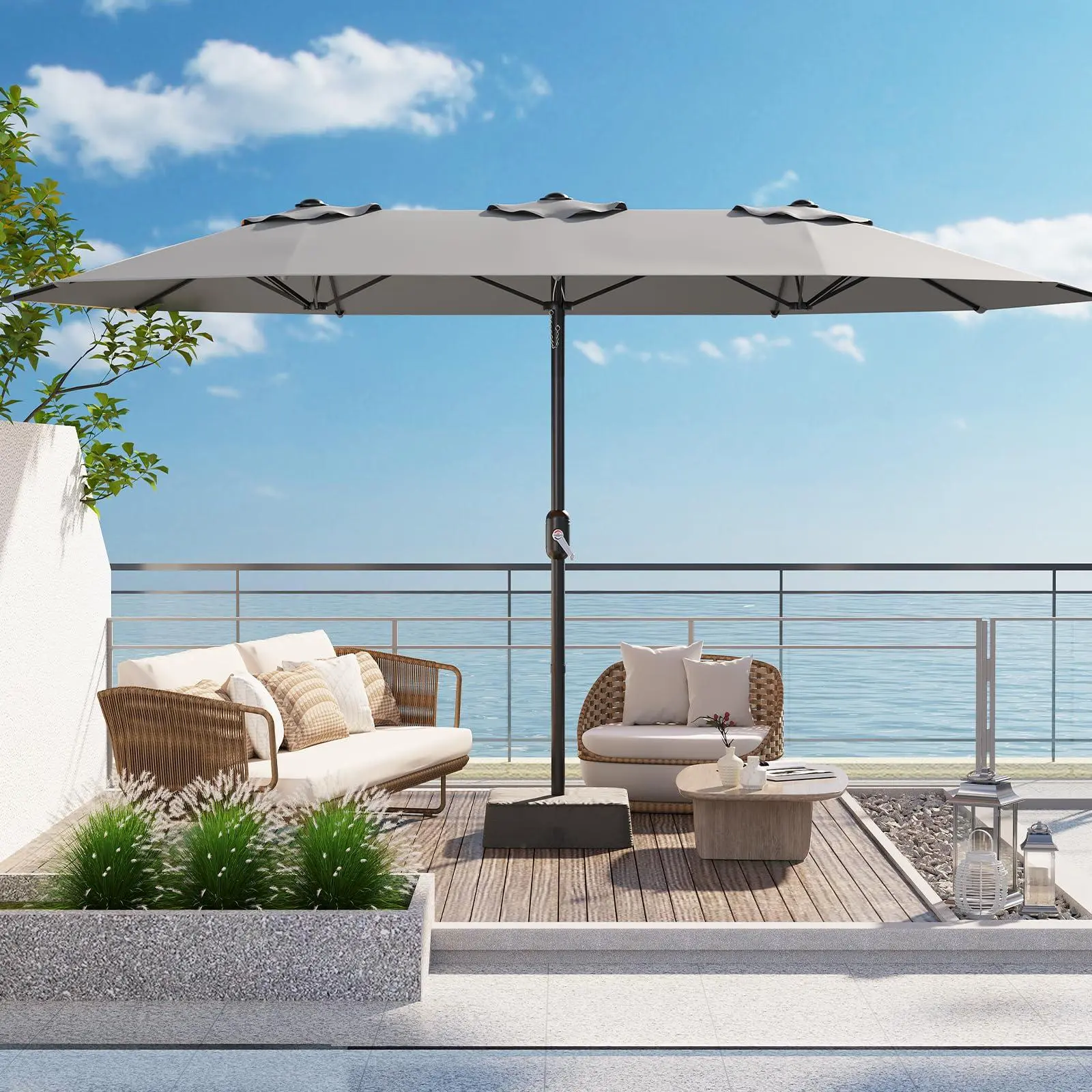 Garvee 15FT Rectangular Extra-Large Double-Sided Patio Umbrella - Crank Operated Polyester Parasol with Included Base, UV Protection, Heavy Duty Sunshade for Backyard Party, Decks, Crank Operated Parasol, 15Ft L X 9Ft W X 7.8Ft H
