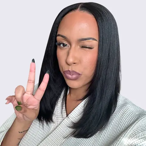 OhMyPretty Human Hair 9x6 T-Part Lace Glueless Layercut Wig - Silky Yaki Straight Teardrop Bob, Invisi Draw Strings, Adjustable Cap with Removable Combs, Bleached Knots, Anti-Snagging Classic Chic Design