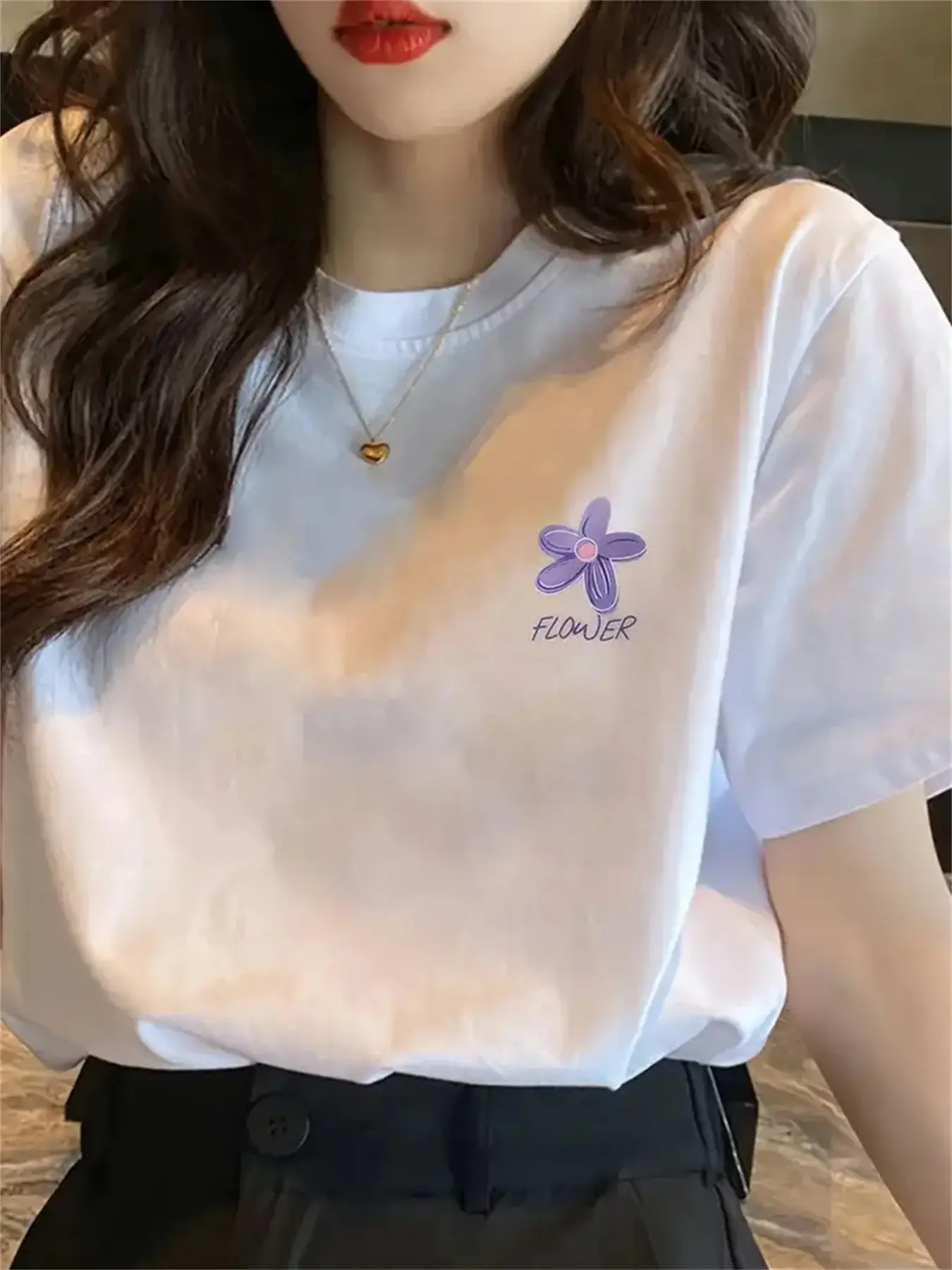 Women's Creative Geometric Iron-On Print Comfortable Casual Slight Stretch Fitted T-Shirt, Stylish Daily Wear, Perfect for All Seasons, Summer