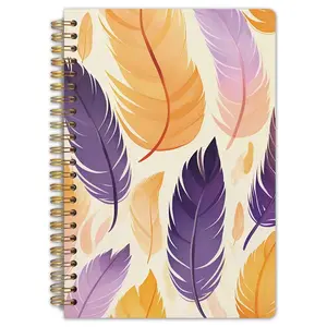 A colorful spiral notebook wrapped in feathers, with dimensions of 5.5 x 8.3 inches. It features high-quality grid paper, a sturdy spine, and is suitable for student notes, office supplies, work diaries, and as a gift for stationery.