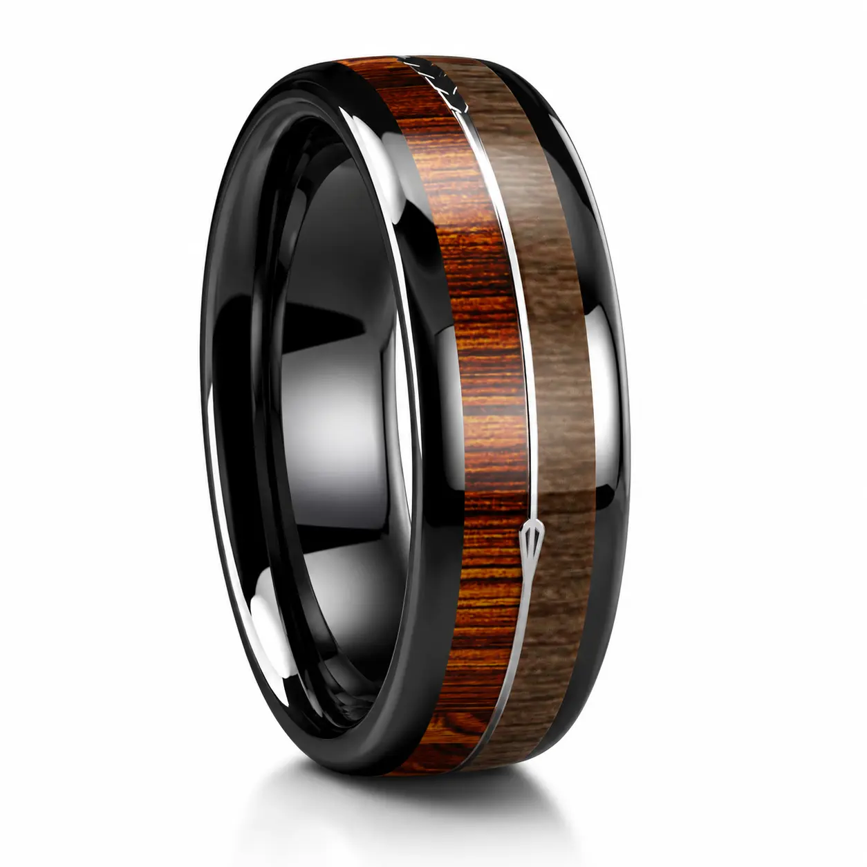 Black Tungsten Carbide Wedding Band Ring 8mm/6mm with Real Wood Inlay & Arrow Design | Comfort Fit Men's & Women's Promise Ring | Anniversary Engagement Gift