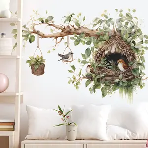 2 Sheets Tree Branch Bird Nest Wall Stickers, Leaf Bird Nest Decor, PVC Self-Adhesive Removable, Home Decoration for Kids Bedroom Entryway
