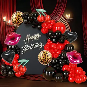 124Pcs Cheetah Cherry Balloon Arch Garland Kit with Black Red Lips Heart Balloons for Leopard Print Birthday Party Decorations, Girls Night Out Bachelorette Party, Kiss The Miss Goodbye