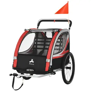 3-in-1 Bike Trailer for Kids, Running Stroller with 2 Seats, Jogging Cart with 5-Point Harness, Storage Units, Red