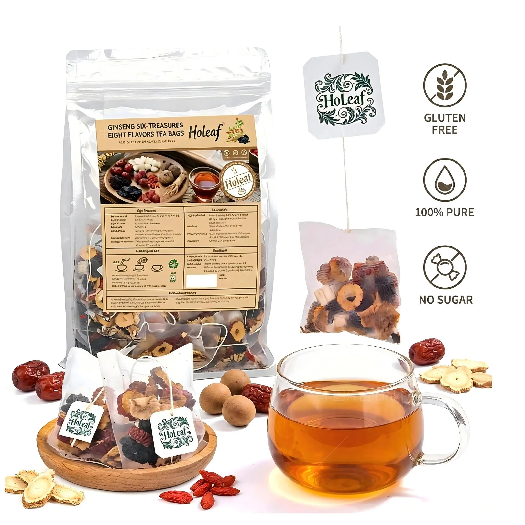HoLeaf Premium Ginseng Six Treasure Herbal Tea Bags 30 Count - 100% Natural No Additives, Compostable Eco-Friendly Tea Bags, Individually Wrapped, Rich Mellow Flavor, Perfect for Daily Vitality & Wellness
