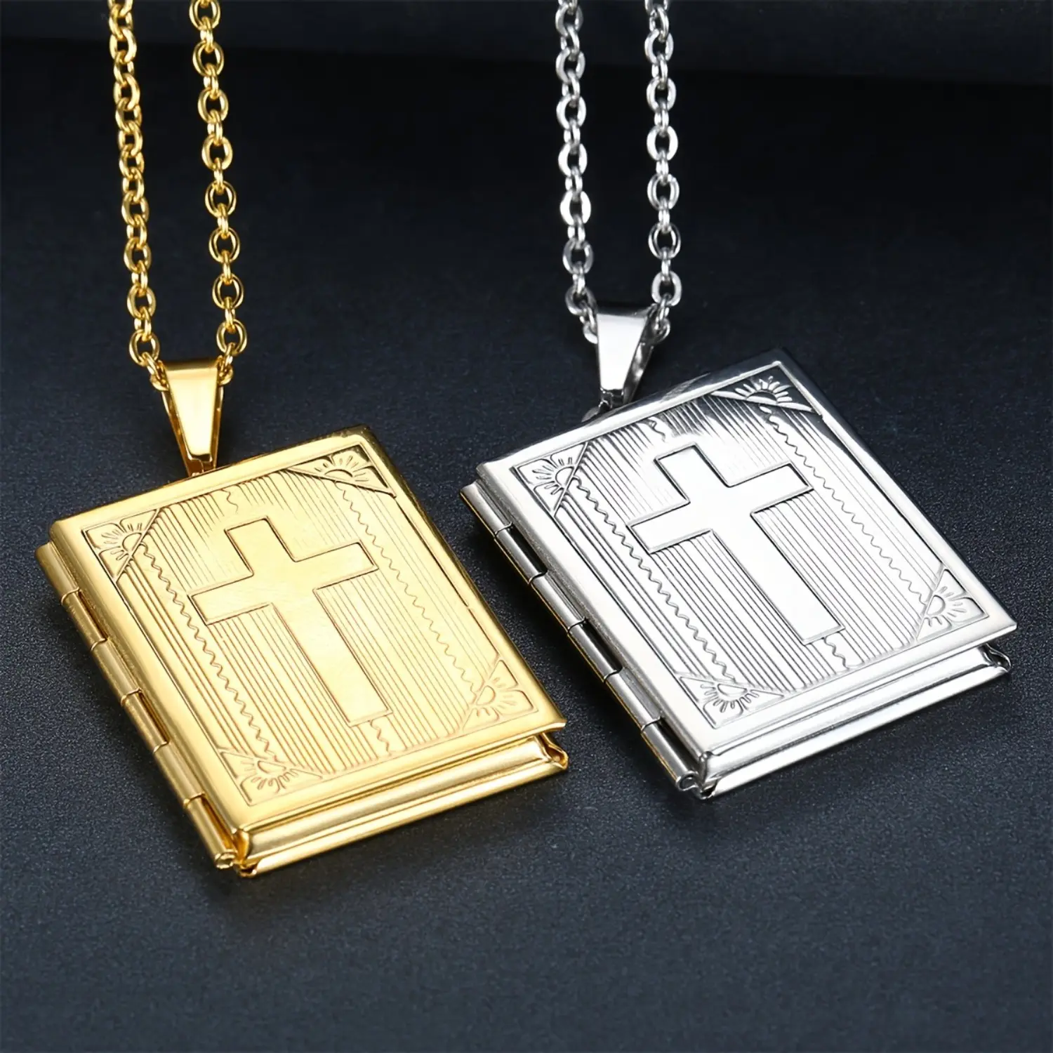 Dainty Cross Necklace in Stainless Steel, Retro Photo Locket Pendant for Daily Wear and Holiday Gifting, Cross Charm Necklace, Cross Design