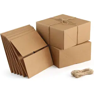 Gift Box Set (10-Pack) 8x8x4-inch brown paper gift boxes with 20-meter jute rope Ideal for Christmas gifts, bridesmaid proposal boxes Easy-to-assemble boxes