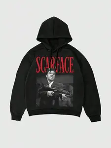 TikTok Trending! Black Casual Fitted Long Sleeve Pullover Hoodies & Sweatshirts with "Scarface" Movie - themed Prints & "SAY GOOD NIGHT TO THE BAD GUY" Quote Text, Perfect for Streetwear and Movie - inspired Looks