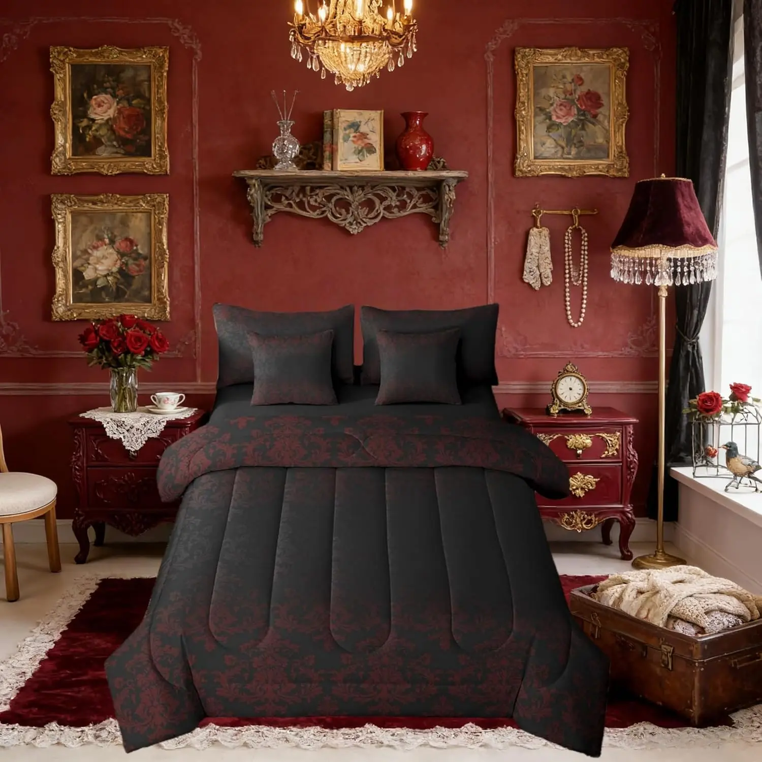 Black Red Damask Reversible 7 Pieces Comforter Set,Antique Victorian Baroque Boho Bed Sheet Set Vintage Gothic Lace Floral Print Bedding Set with Comforter,Fitted & Flat Sheet
