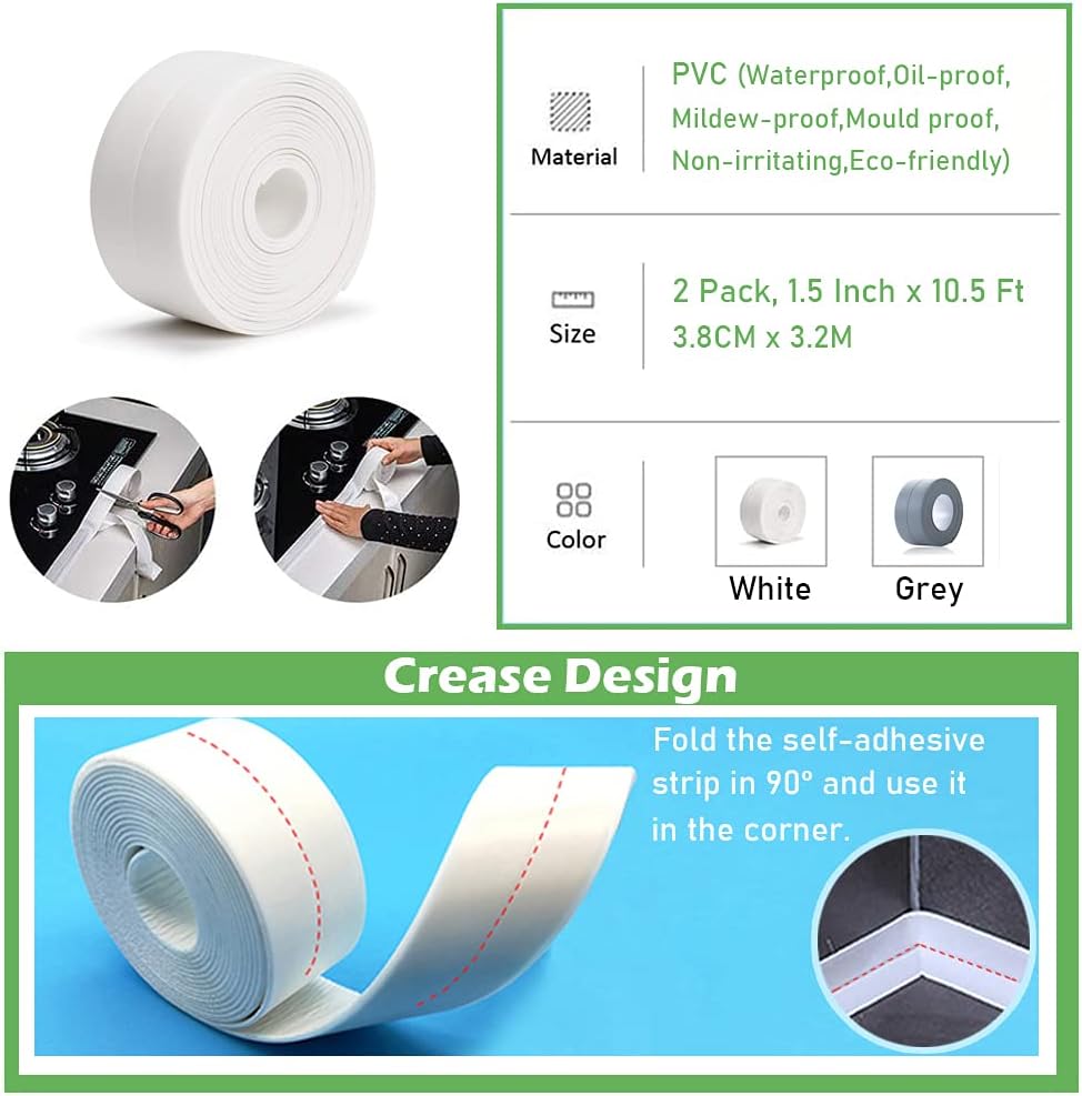 Self Adhesive Caulk Strip 1.5" x 10.5Ft, No Tools Needed Peel and Press PVC Sealing Tape, Waterproof Silicone Caulk Tape for Bathroom Bathtub Kitchen Sink Toilet Base, Removes Cleanly No Residue for Wall Window Corner Sealing (1 Pack)