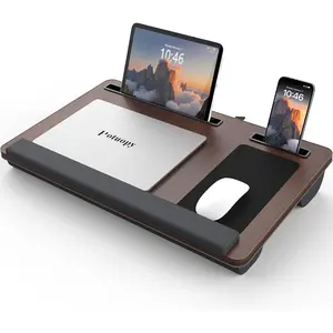 Lap Desk – up to 17" laptop tray with wrist rest, portable handle, fixed mouse pad, tablet and phone slots, cushioned lap desk (dark brown)