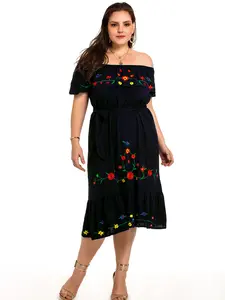 851 - Plus Size Embroidered Off Shoulder Mexican Hawaii Floral Summer Sun Dress Black