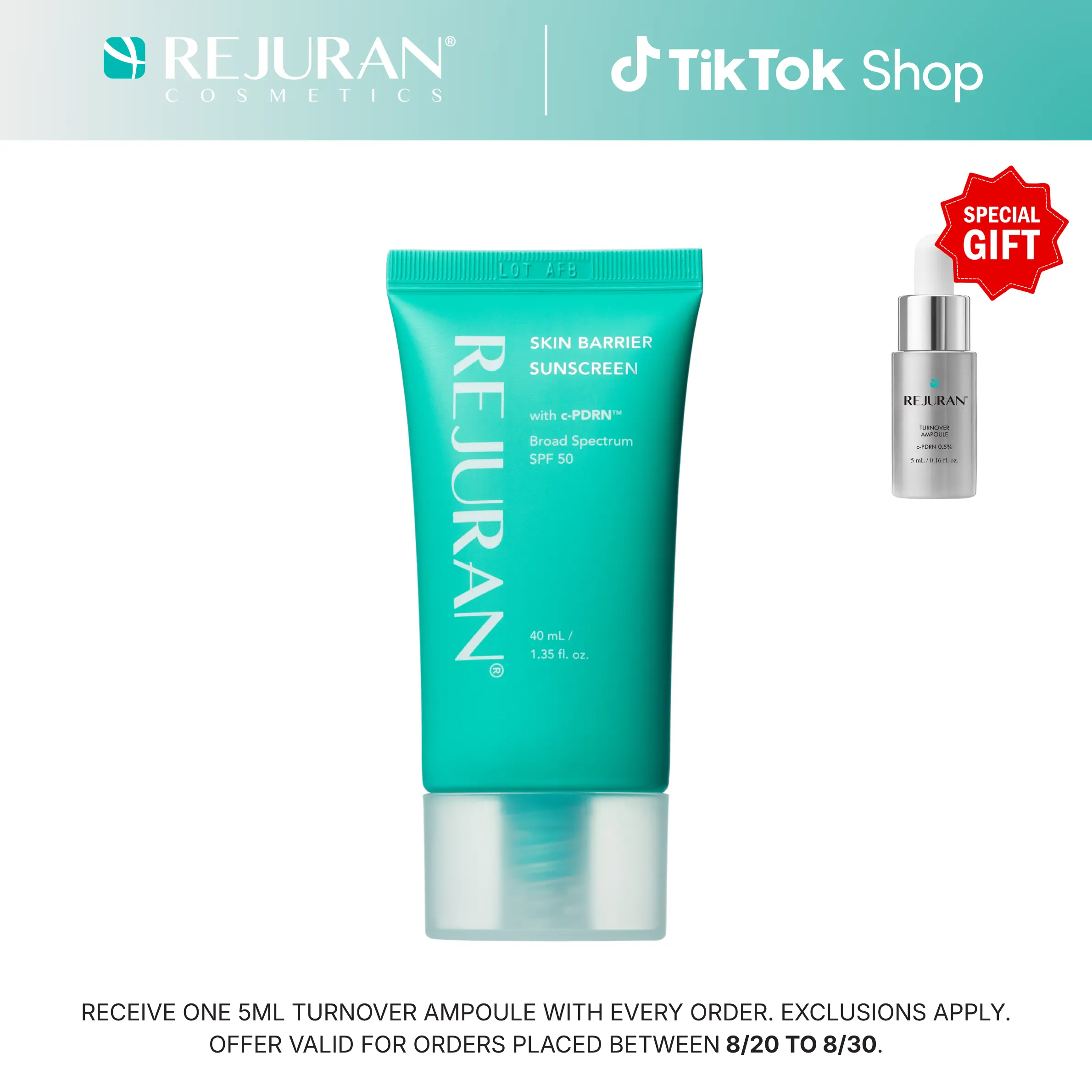 REJURAN Skin Barrier Sunscreen SPF 50, Broad Spectrum Korean Face Sunscreen with c-PDRN, Lightweight No White Cast Daily UV Protection, Non-Greasy Hydrating SPF for Sensitive Skin, 40 ml/ 1.35 fl. oz
