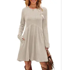 Women's long sleeved round neck dress, empire belt pocket waist dress, knitted sweater dress, perfect match for autumn and winter, women's casual fashionRAIMENTRY