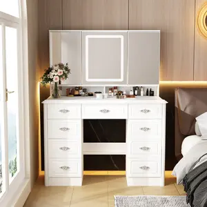 FUFU&GAGA White Makeup Vanity Desk with 15 Light Bulbs & 3 Mirrors, Modern Vanity Table Dressing Table with 9 Drawers, Hidden Shelves & Foldable Mirror, 3 Color Lighting Modes, Brightness Adjustable Furniture Storage Decor Bathroom