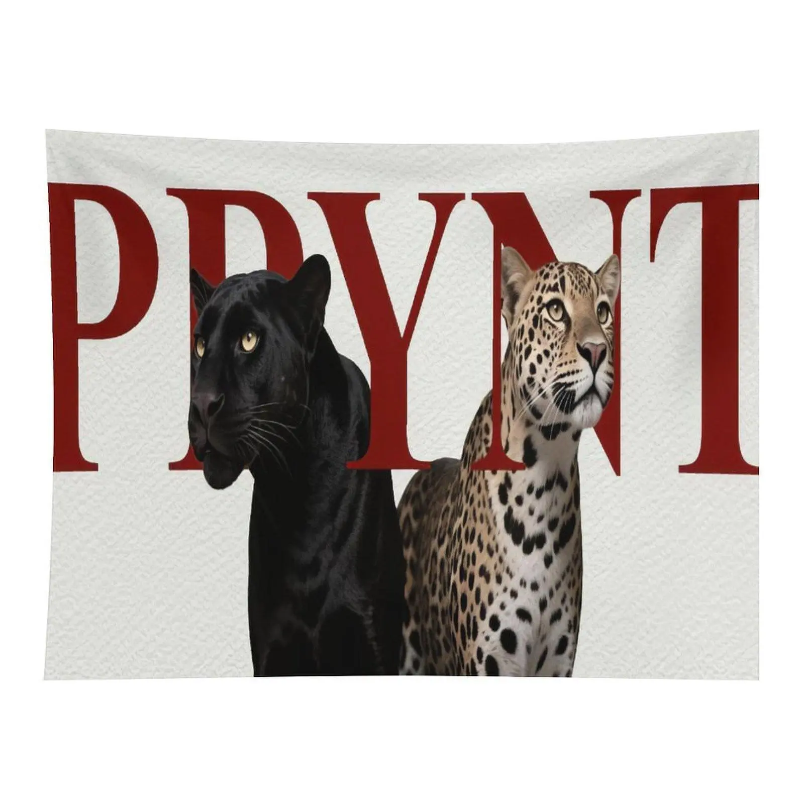 Black Panther and Spotted Leopard with Red Letter Background Luxury Fashion Animal Art Wall Tapestry