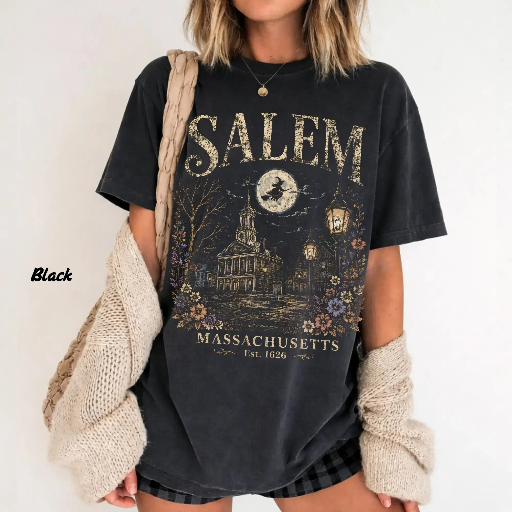 Rough Haven Wear Women's Printed Casual T-Shirt,Vintage Witch City Halloween Graphic Tee, Retro Witch Shirt, Spooky Fall Womenswear, Gothic Halloween Apparel