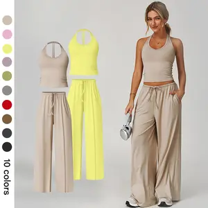 NVWA Women's 2-Piece Fitted Polyester-Silk Summervibe Sweatsuit Set - Feminine Adjustable V-Neck Strappy Top & Wide Leg Pants, Cooling Quick-Drying Breathable Figure-Flattering Style, Workout Running Clothes for Holiday Travel & Gym