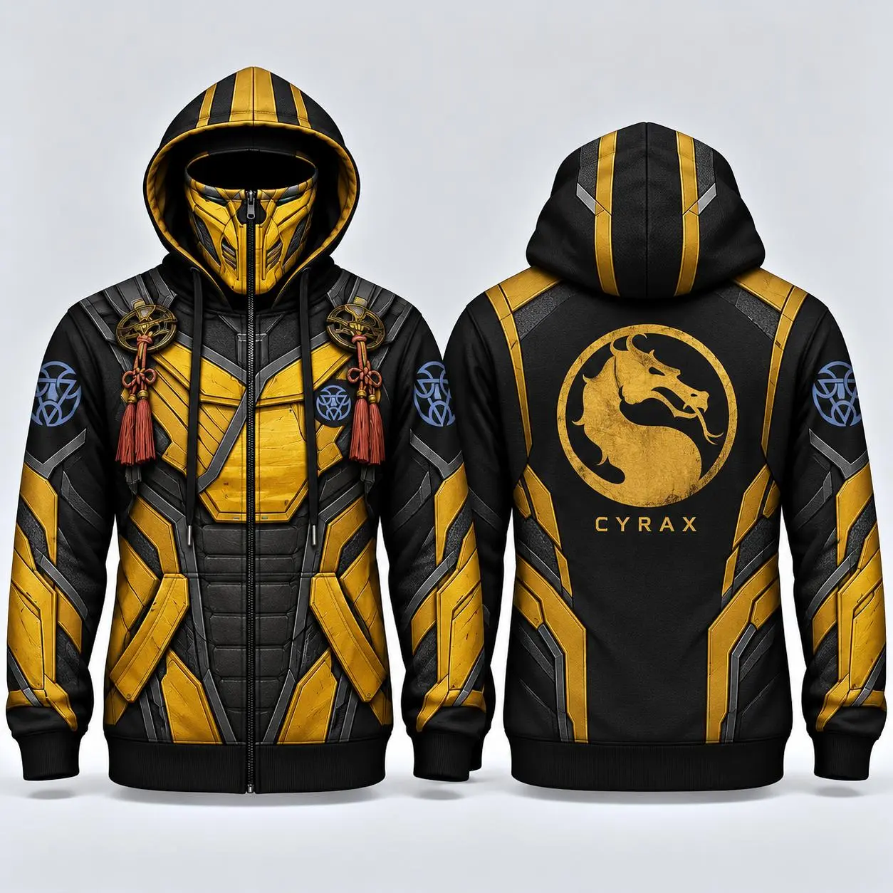 Mortal Kombat Cyrax Mens Zip-Up Hoodie, Lin Kuei Guild Built-In Face Mask Jacket, Yellow Black Ninja Armor All-Over Print Hooded Sweatshirt, Cosplay Gamer Gift