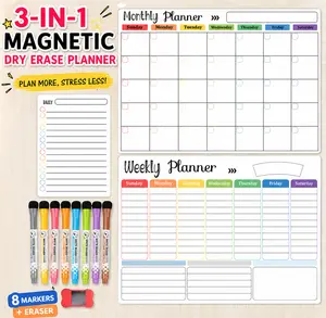 GUOBOARD Magnetic Dry Erase Calendar Whiteboard, 1 Set Including Monthly, Weekly, and Daily Planning Calendar & 8 Markers & Eraser, Magnetic Erasable Chalkboard Set for Home Office, Study Supplies, Home Decor