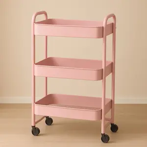 【2026】3 Tier Rolling Cart, Metal Utility Cart with 4 Hooks Storage Cart on Wheels Craft Cart with Handle for Organizer Storage for Classroom Office Dorm Home, Bathroom, dressing room, study Pink and Wihte