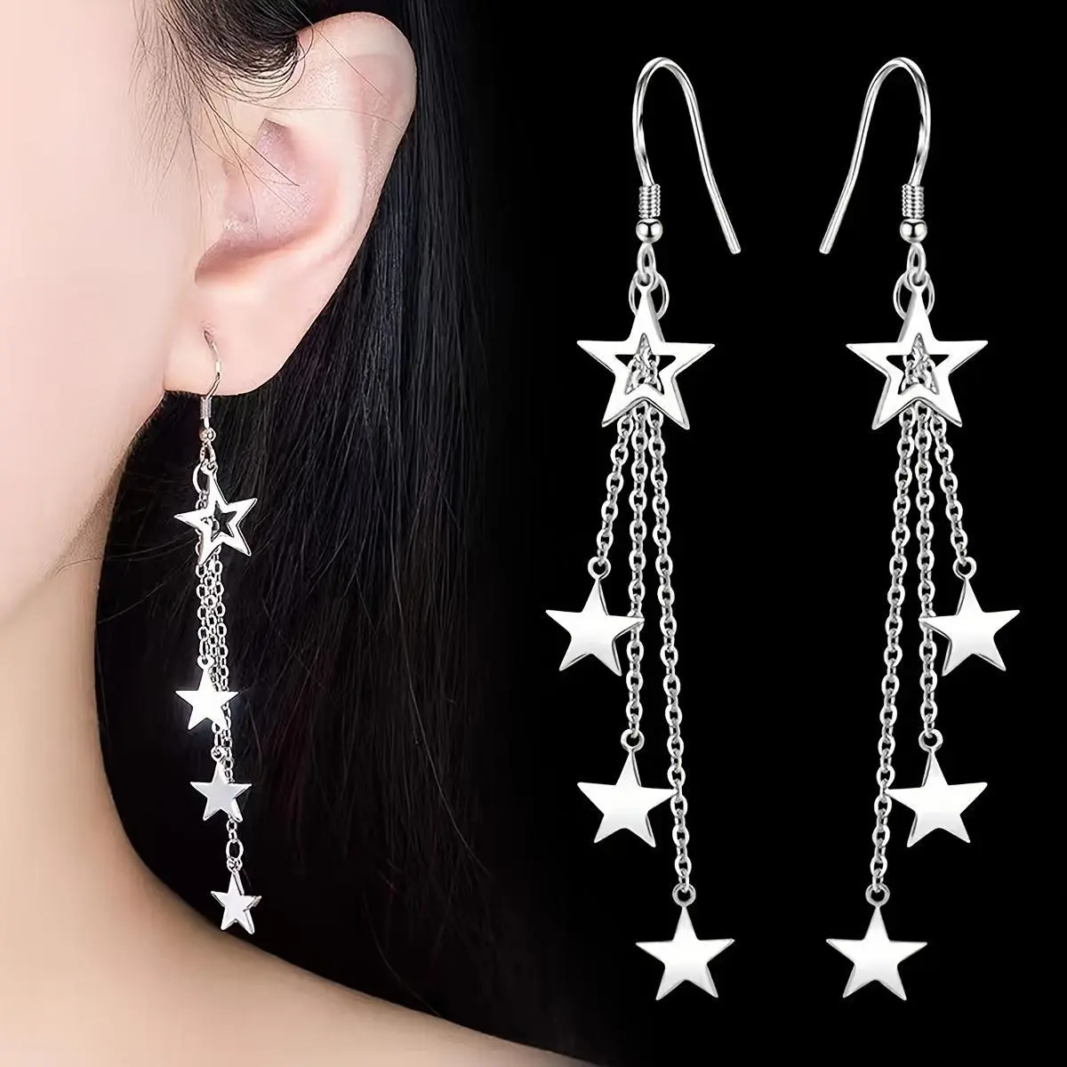 Statement Star Drop Earrings for Women, Elegant Copper Metal Jewelry with Long Tassels for Engagement, Female