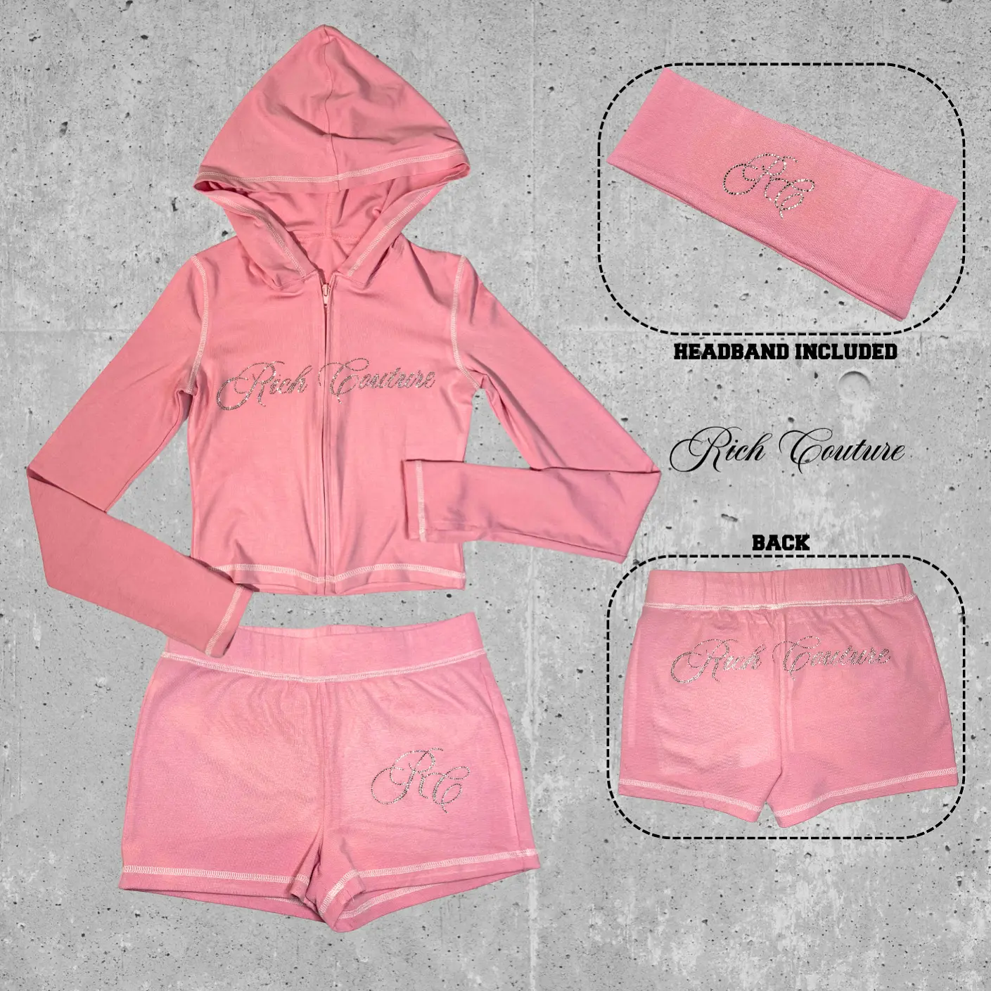 Rich Couture Pretty & Paid Pink Set - Hoodie, Shorts, Headband Included - Women's Fashion Outfit