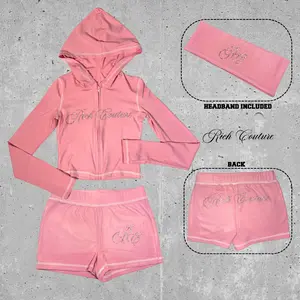 Rich Couture Pretty & Paid Pink Set - Hoodie, Shorts, Headband Included - Women's Fashion Outfit