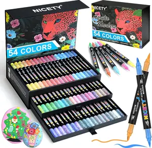 NICETY Dual Tip Acrylic Paint Markers Set, 54/108-Colors, 1mm Fine & 1-5mm Brush Ends, Water-Based Non-Bleed Office Writing Tools for Rock, Wood
