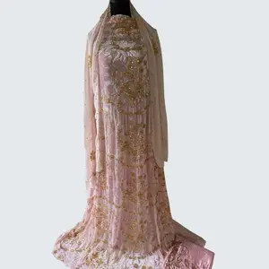 Noor Blush Gold Embroidered Dirac Set - Unstitched Blush Pink and white Driya with Intricate Gold Embroidery for Special Occasions, Eid, Weddings
