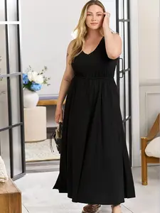 Minimalist Sleeveless Halter Dress, Drawstring Waist Slimming A-Line Skirt, Plus Size Cover Up Vacation Long Dress