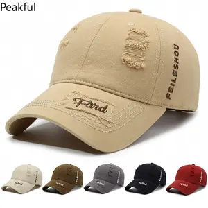 Washed Cotton Distressed Baseball Cap, Retro Letter Embroidered Sun Hat, Adjustable Casual Streetwear Headwear, frayed vintage aesthetic, ideal for casual outings, hiking trips, and everyday urban fashion matching