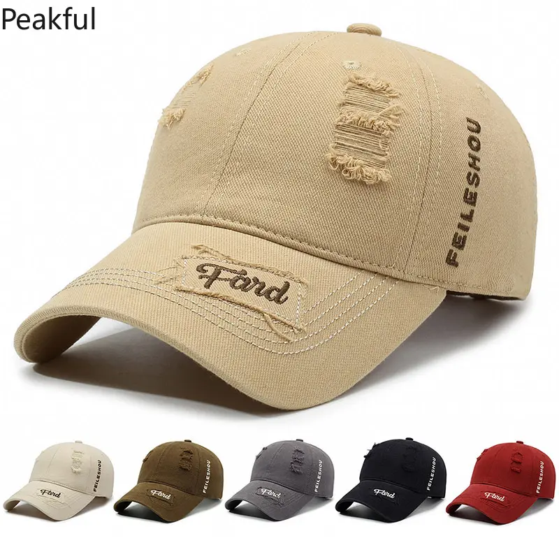 Washed Cotton Distressed Baseball Cap, Retro Letter Embroidered Sun Hat, Adjustable Casual Streetwear Headwear, frayed vintage aesthetic, ideal for casual outings, hiking trips, and everyday urban fashion matching